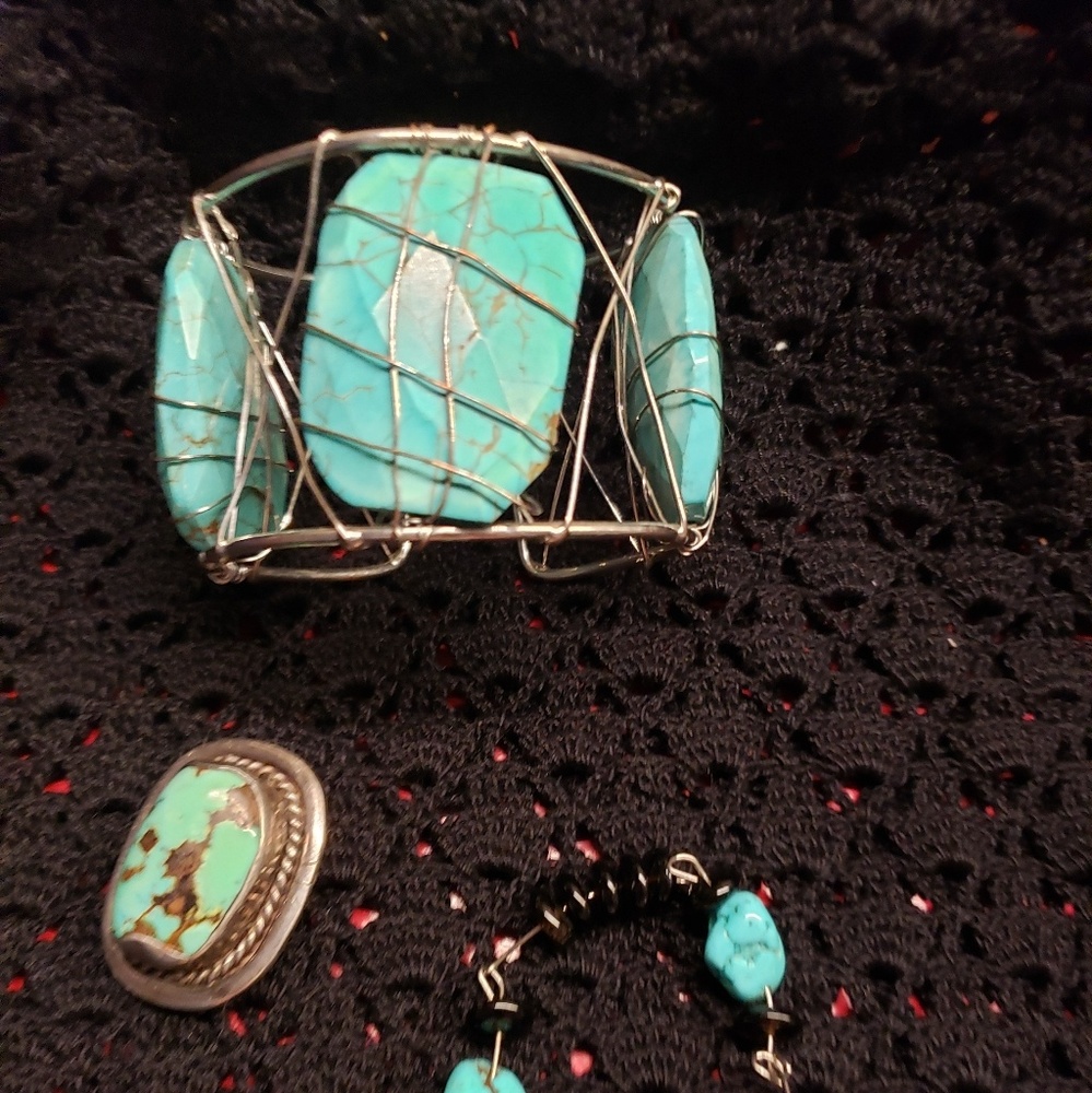 Turquoise cuff and broach and bracelet
